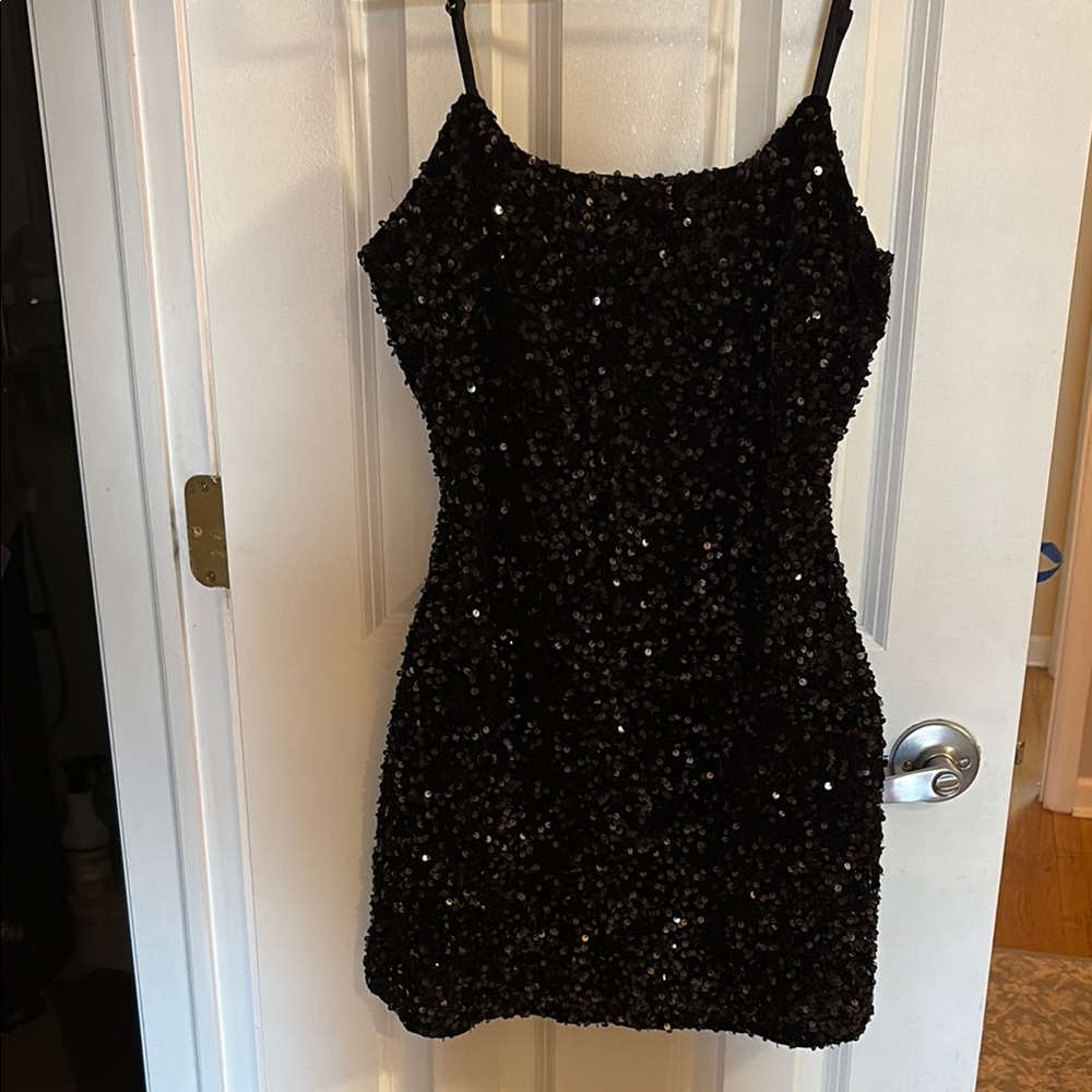 Black Sequin Mini Dress fully lined adjustable straps